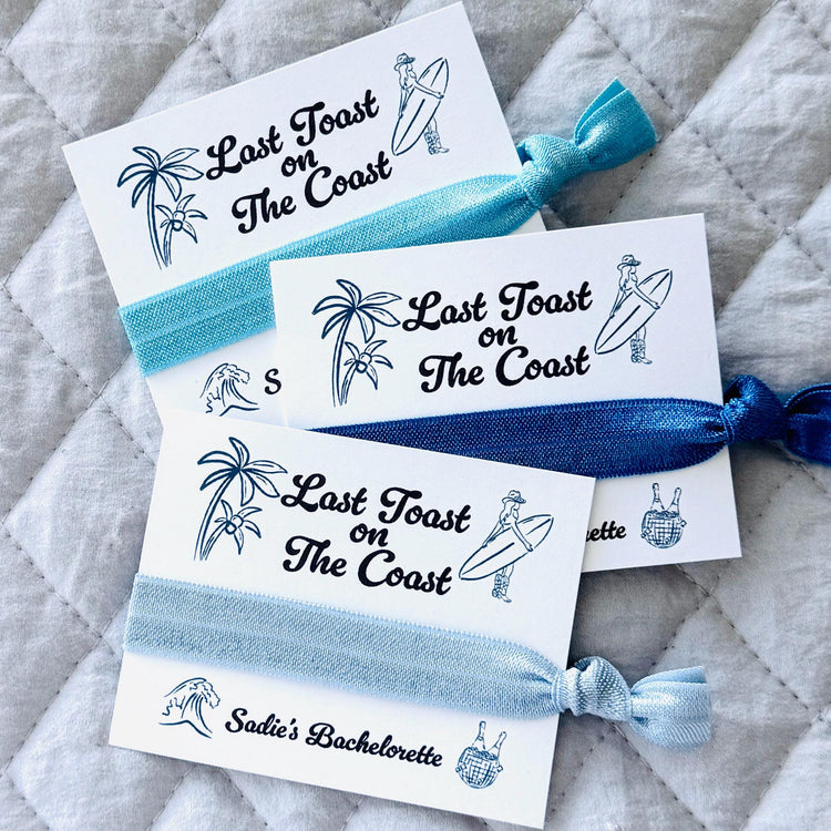 Last Toast on The Coast Bachelorette Hair Tie Party Favors | Coastal Cowgirl Themed Gifts | Cowgirl Beach Bach Gifts Personalized Favor Card