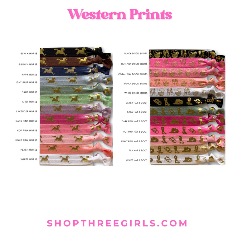 a collection of colorful hair ties or bands, each with a different horse design, arranged in two rows. The text "Western Prints" is written above the image.