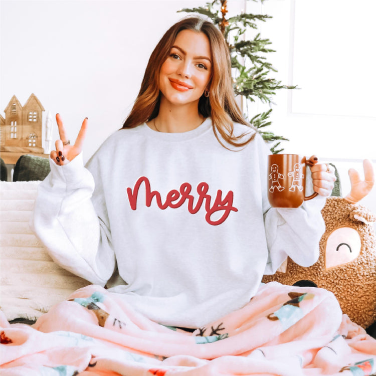 Merry Sweatshirt Christmas Sweatshirt Merry Crewneck Fleece Pullover Sweatshirt Holiday Women's Sweatshirt Puff Text Embossed Merry Shirt