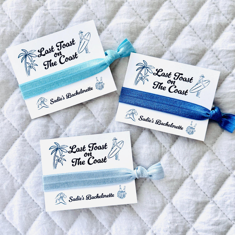 Last Toast on The Coast Bachelorette Hair Tie Party Favors | Coastal Cowgirl Themed Gifts | Cowgirl Beach Bach Gifts Personalized Favor Card
