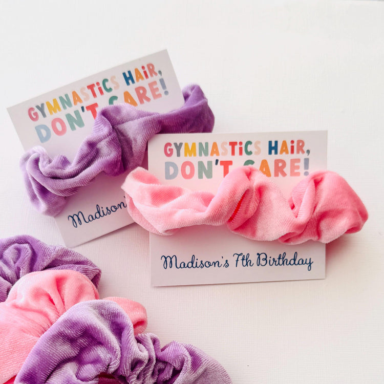 Gymnastics Hair, Don't Care Scrunchie Ponytail Party Favors | Girls Gymnastics Birthday Party | Tumbling Gymnastics Ballet Scrunchie Favors