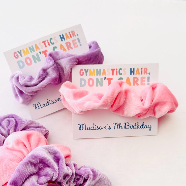 Gymnastics Hair, Don't Care Scrunchie Ponytail Party Favors | Girls Gymnastics Birthday Party | Tumbling Gymnastics Ballet Scrunchie Favors