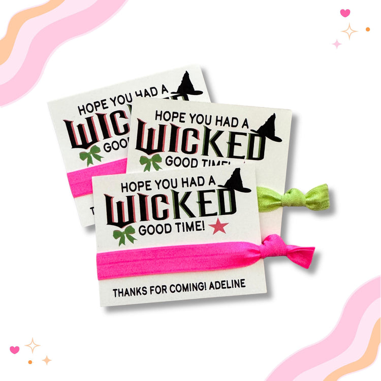 WICKED Birthday Party Favors | Hope you had a wicked good time! Birthday Musical Themed Good Witch Bad Witch Pink Green Hair Tie Favors