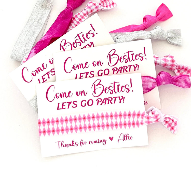 Come on Besties! | Let's Go Party Pink Let's Party Themed hair tie favors | Barbi Bachelorette favors Barbi Girls Birthday Thank you favors