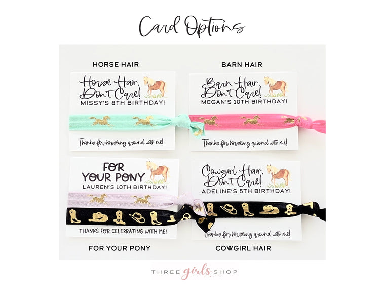 Horse Hair, Don't Care Girls Birthday Favors, Cowgirl Hair Barn Hair For your pony hair tie favor cards cowboy hats and boots western favors