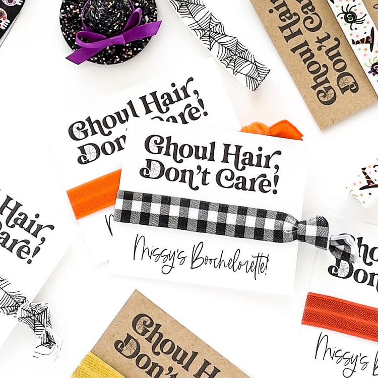 Ghoul Hair Don't Care Halloween Hair Tie Favors, Boochelorette, Trick or Treat Halloween party Halloween Bachelorette Hey Boo Scary gifts