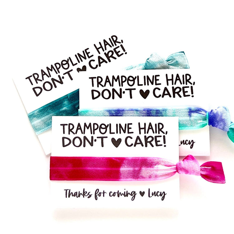 Trampoline Party Hair Tie Favors, Trampoline Hair Don't Care, Custom Personalized Birthday Party Favors, tie dye hair ties, Girls Favors