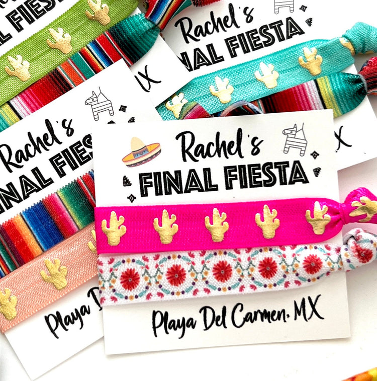 FINAL FIESTA Hair Tie Favors Mexico Bachelorette Party Favor Fiesta Themed Bachelorette Boho Cabo Hair ties favors, personalized gifts