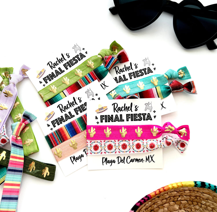 FINAL FIESTA Hair Tie Favors Mexico Bachelorette Party Favor Fiesta Themed Bachelorette Boho Cabo Hair ties favors, personalized gifts