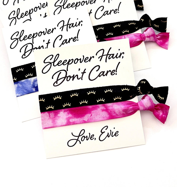 Sleepover Spa Birthday | Sleepover Hair, Don't Care! Birthday Party hand outs, hair tie favors for guests, personalized birthday favor cards