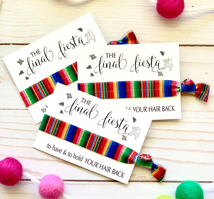 Final Fiesta Bachelorette hair tie favors, fiesta themed favor