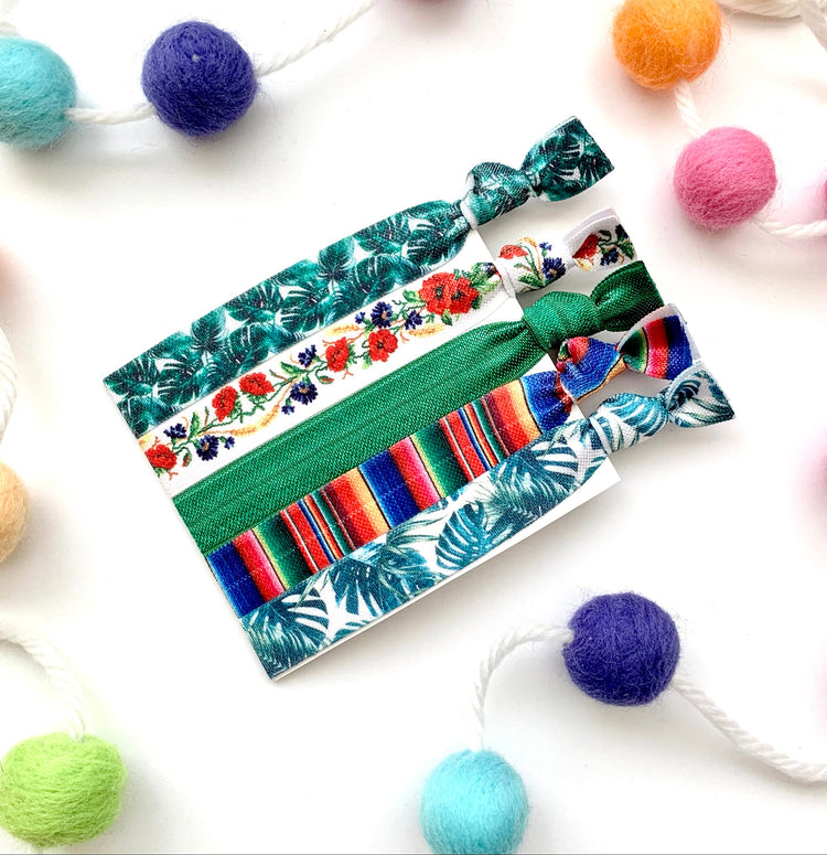 Fiesta Palm Elastic Hair Tie Set, Ponytail Holders, Creaseless hair ties, floral fiesta palm serape stretchy fabric hair bands
