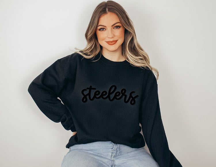 Black on Black Puff Print Team Name Sweatshirt School Mascot Sweatshirt Embossed Steelers Sweatshirt Black on Black Football Team