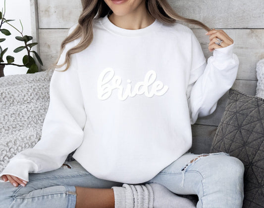 bride Sweatshirt bride Crewneck Unisex Fleece Pullover Sweatshirt bride-to-be Women's Sweatshirt Puff Text Embossed black white bride shirt