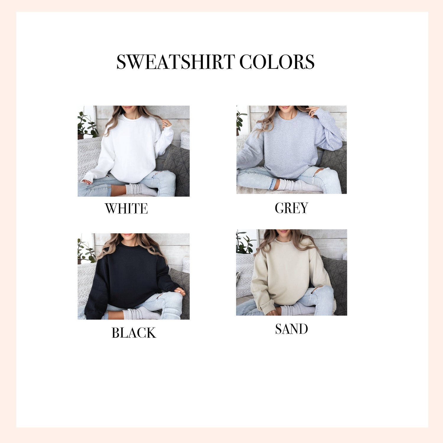 a woman sitting on a couch wearing a sweater