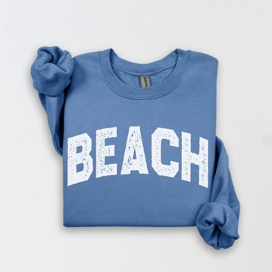 BEACH Fleece Crewneck Sweatshirt | unisex rough text BEACH pullover sweater