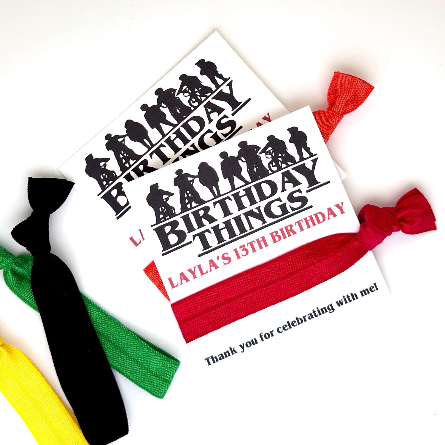 Birthday Things Fandom-Inspired Hair Tie Party Favors – Personalized Teen Birthday 80's Retro Thank You Favor