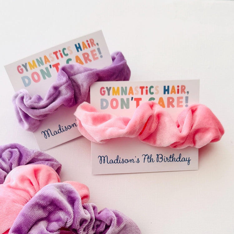 Gymnastics Hair, Don't Care Scrunchie Ponytail Party Favors | Girls Gymnastics Birthday Party | Tumbling Gymnastics Ballet Scrunchie Favors