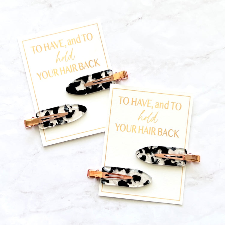 Eco-Friendly Creaseless Clips | Bridesmaid Clips | To have & to hold your hair back bridal party clips, black and clear tortoise print clips