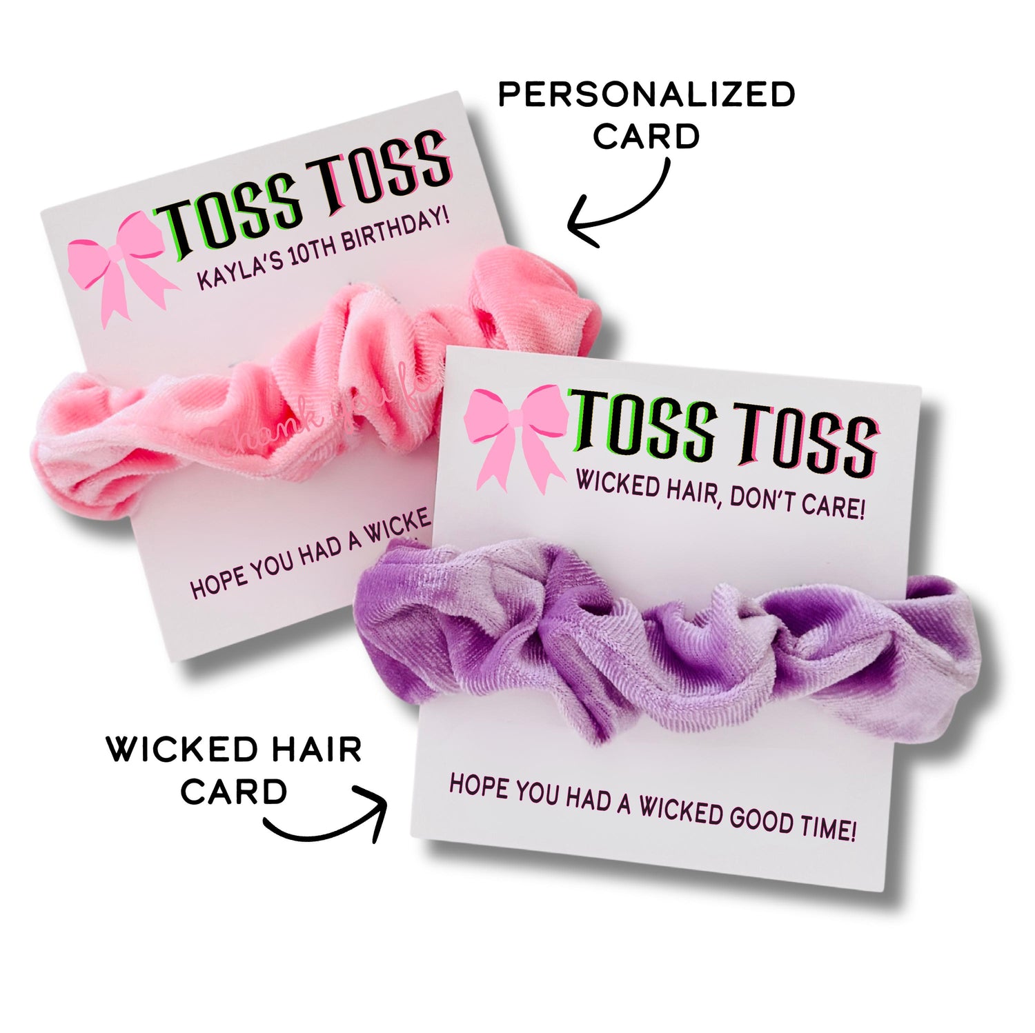 Toss Toss Wicked Hair, Don't Care!  Wicked Themed Birthday Musical Scrunchie Thank you Hair Tie Favors