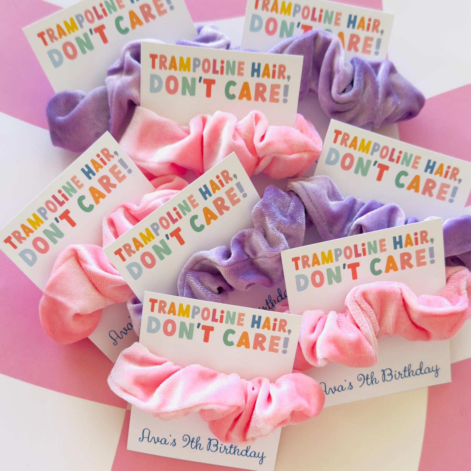 Trampoline Birthday Party Favors, Trampoline Hair, Don't Care Personalized Favor Card and Scrunchie