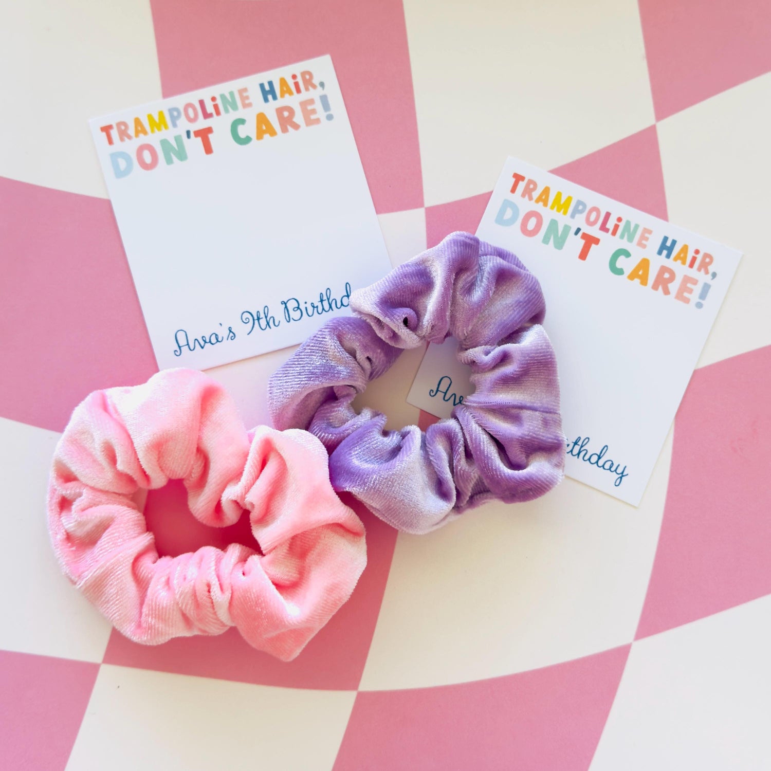 Trampoline Birthday Party Favors, Trampoline Hair, Don't Care Personalized Favor Card and Scrunchie