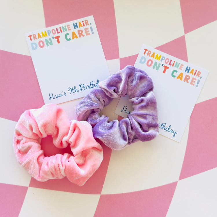 Trampoline Birthday Party Favors, Trampoline Hair, Don't Care Personalized Favor Card and Scrunchie