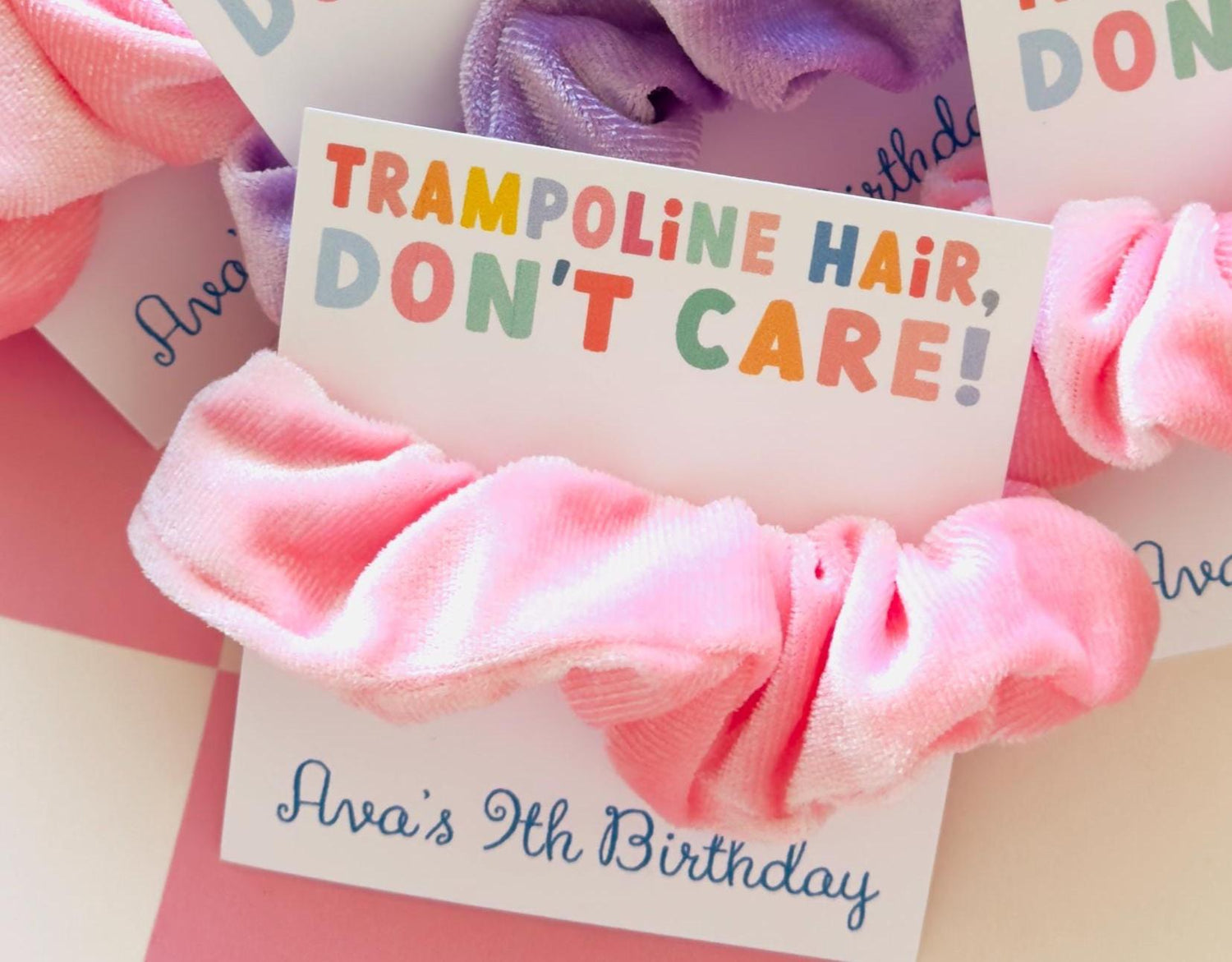 Trampoline Birthday Party Favors, Trampoline Hair, Don't Care Personalized Favor Card and Scrunchie