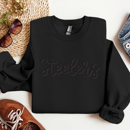 Black on Black Puff Print Team Name Sweatshirt School Mascot Sweatshirt Embossed Steelers Sweatshirt Black on Black Football Team