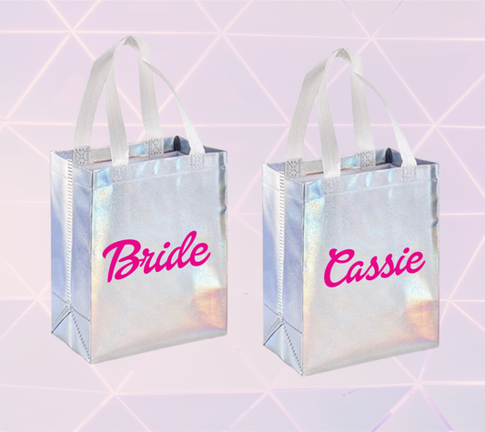 Personalized Holographic Gift Bags | Disco Retro Groovy Barbie Tote Bag