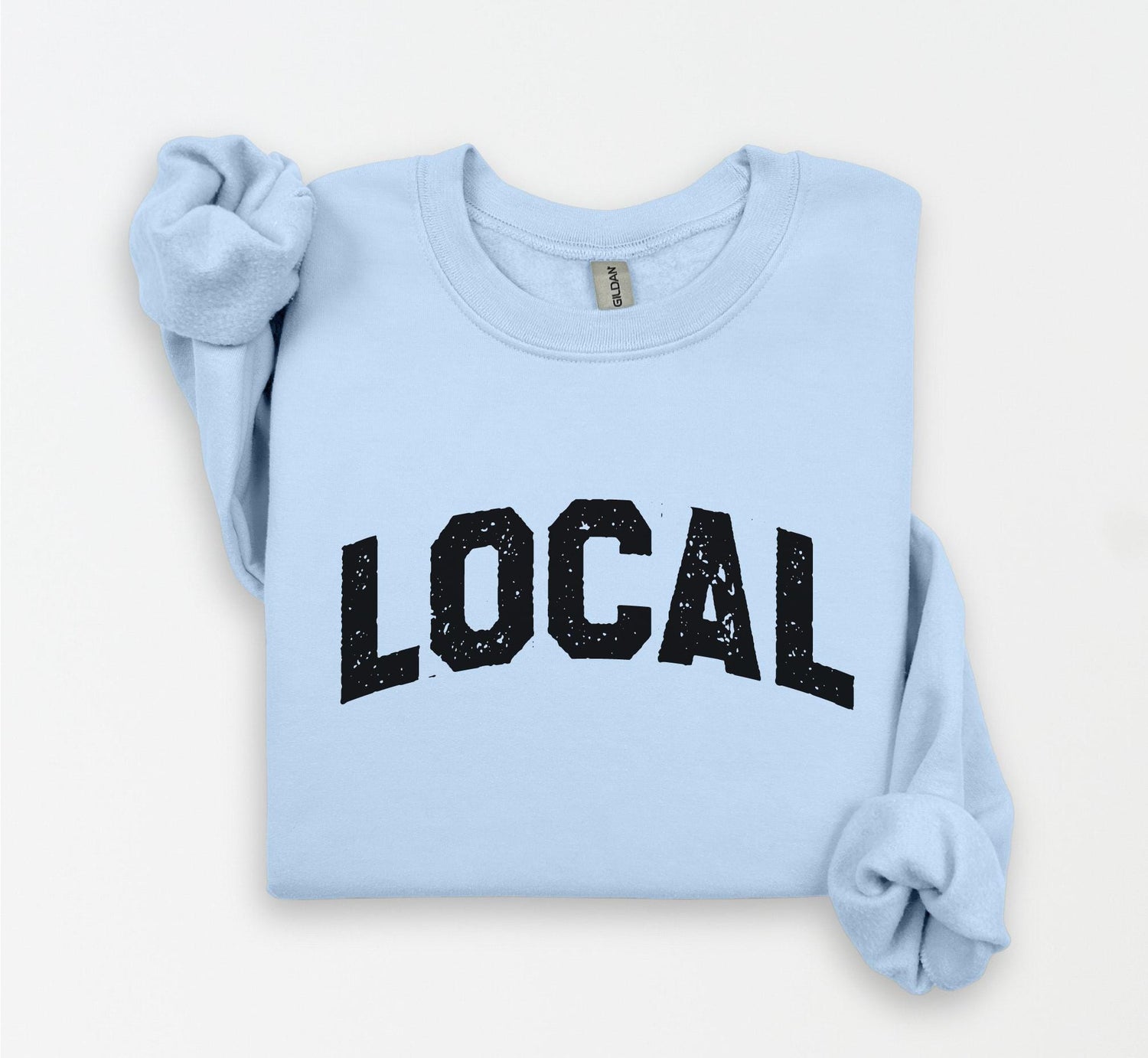 a blue sweatshirt with the word local printed on it