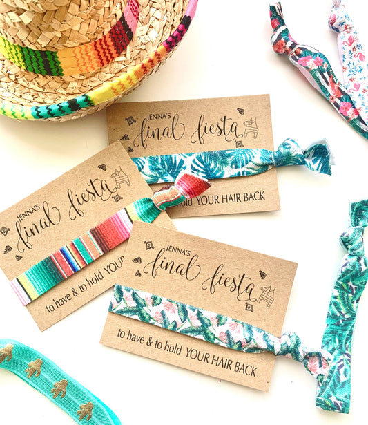 Final Fiesta Bachelorette Hair Tie Favors | Fiesta Hair Ties  Mexico Themed Bachelorette Cabo Serape hair ties personalized favor cards