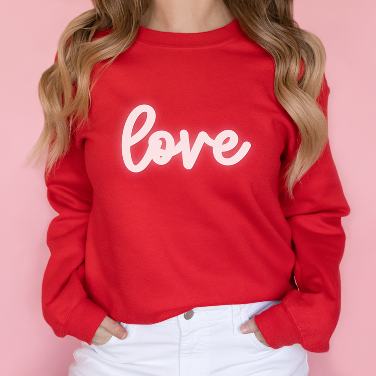 love Sweatshirt Valentine's Sweatshirt love Crewneck Unisex Fleece Pullover Sweatshirt Valentine's Day Women's Sweatshirt Puff Text Embossed
