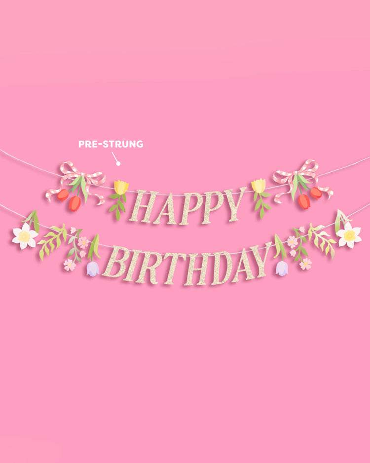 Floral Birthday Banner - gold glitter banner