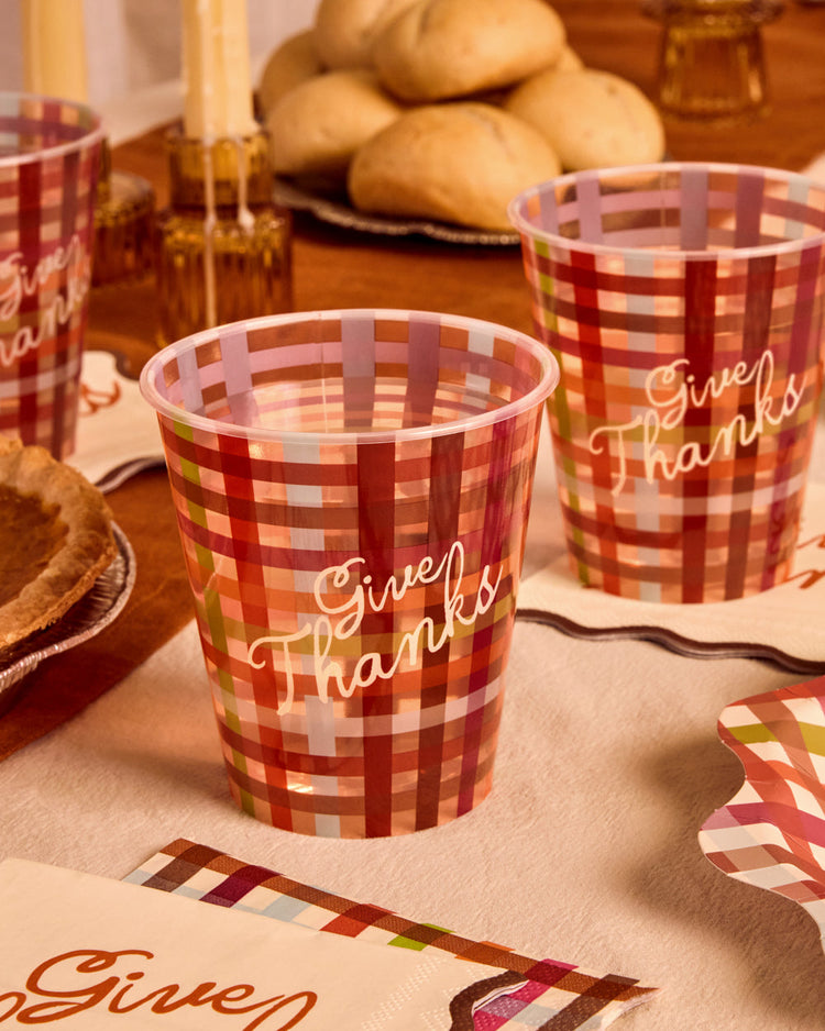 Give Thanks Plaid Cups - 16 fall party cups
