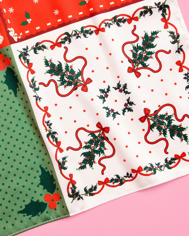 Holly Jolly Headscarf - red + green satin headscarf