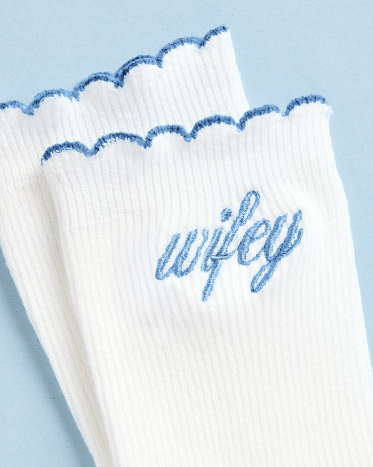 Wifey Ruffle Socks - crew socks with blue embroidery