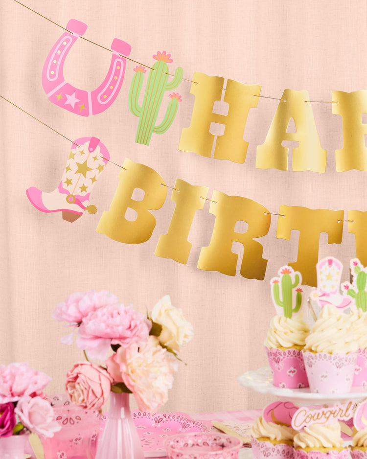 HBD Cowgirl Banner - gold foil banner