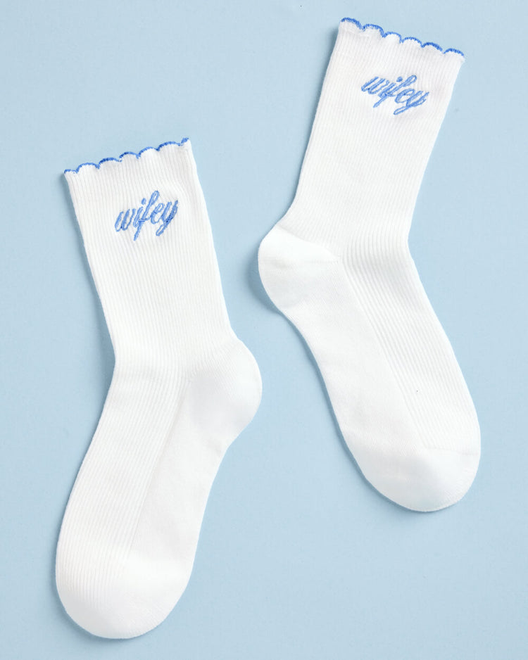 Wifey Ruffle Socks - crew socks with blue embroidery