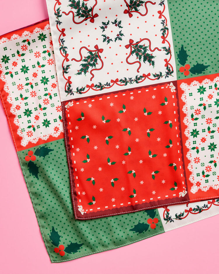 Holly Jolly Headscarf - red + green satin headscarf
