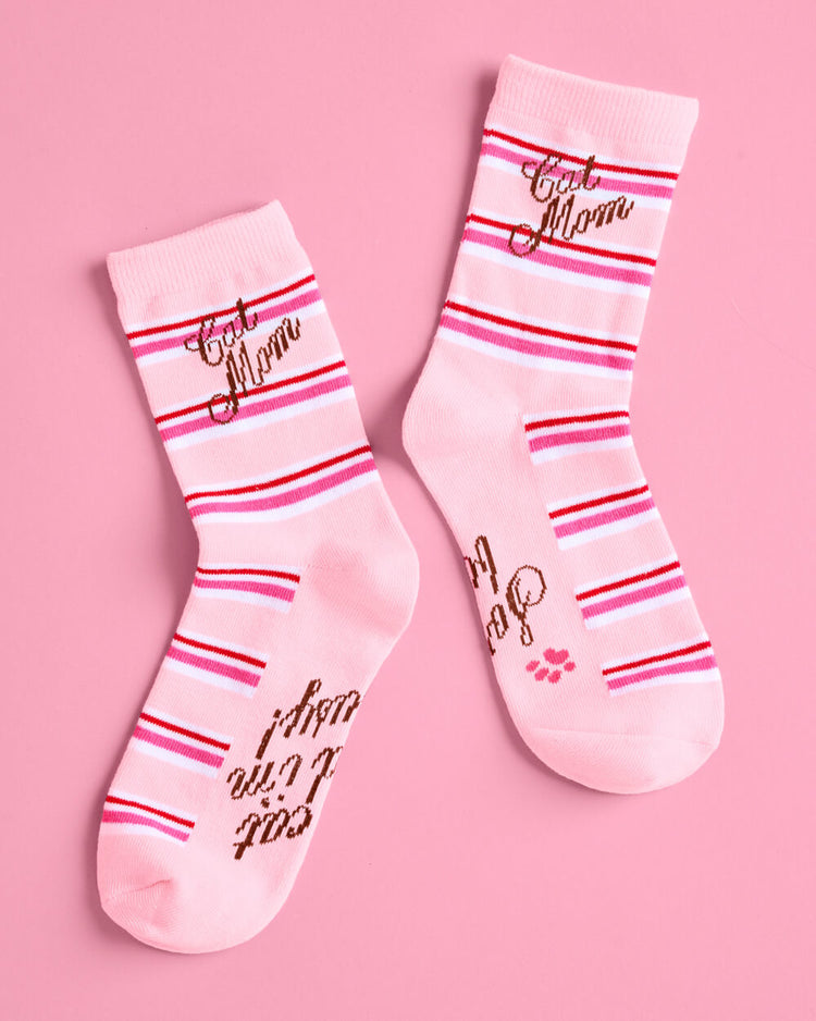 Cat Mom Socks - pink crew socks