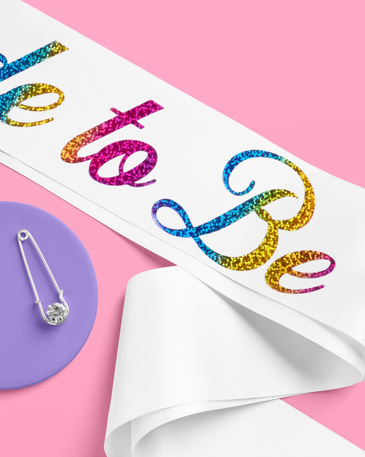 Bride Pride Sash - white silk + rainbow foil
