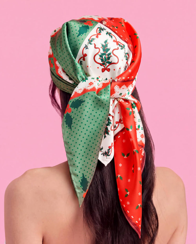 Holly Jolly Headscarf - red + green satin headscarf