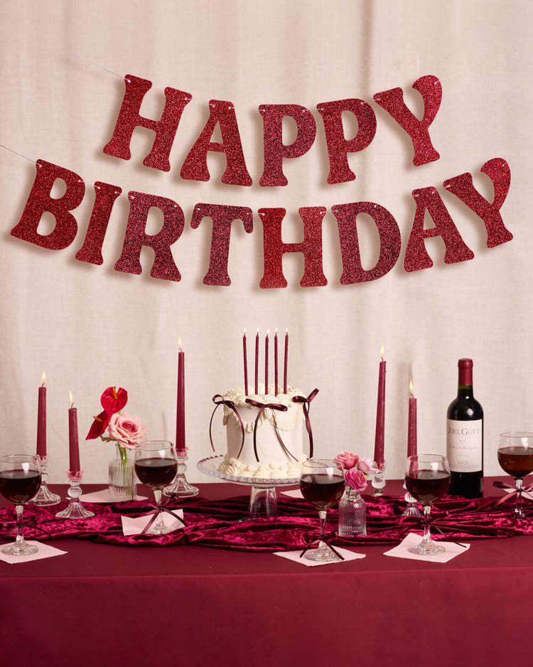 Happy Birthday Banner - 5 ft burgundy glitter banner