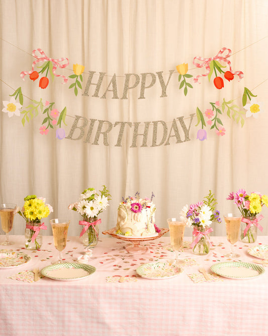 Floral Birthday Banner - gold glitter banner