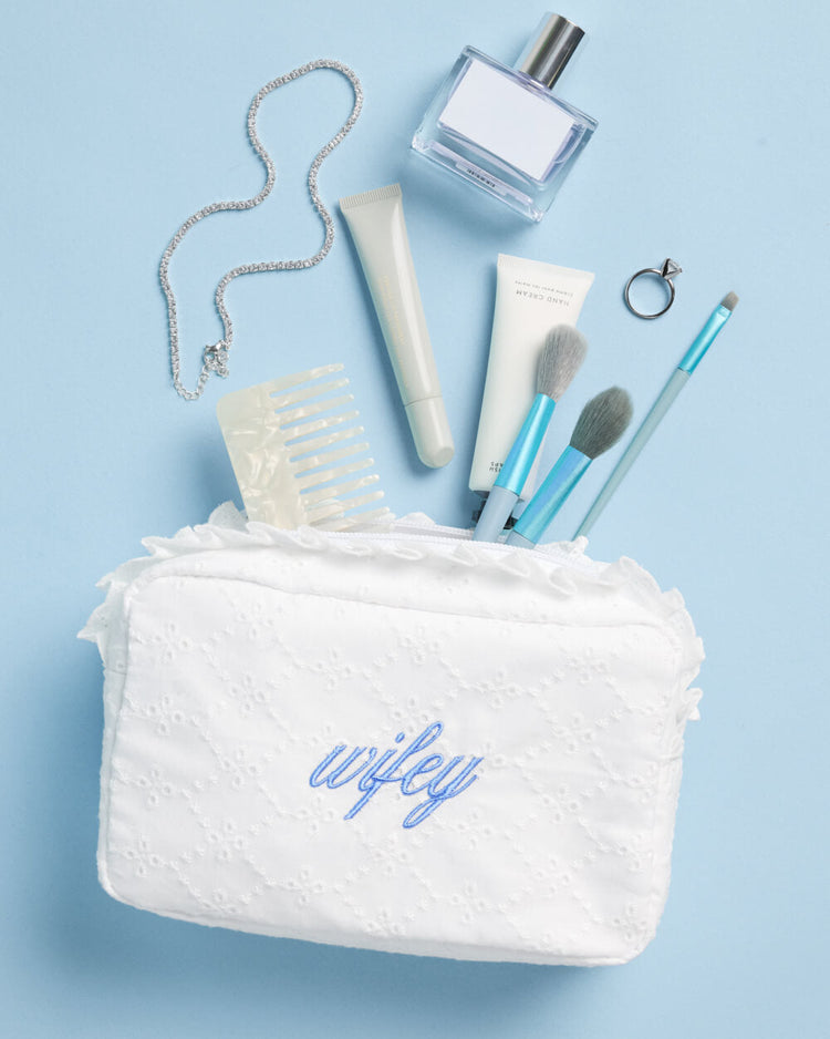 Wifey Eyelet Cosmetic Bag - white embroidered bag
