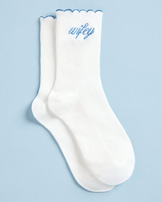 Wifey Ruffle Socks - crew socks with blue embroidery