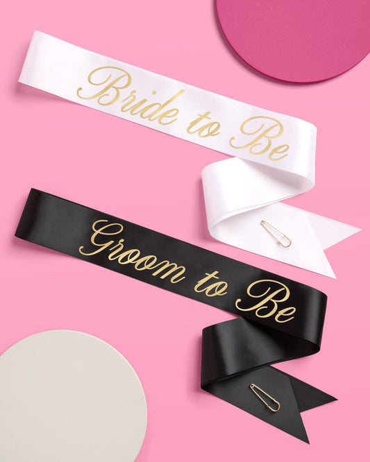 Bride and Groom Sash Duo - black + white satin sashes