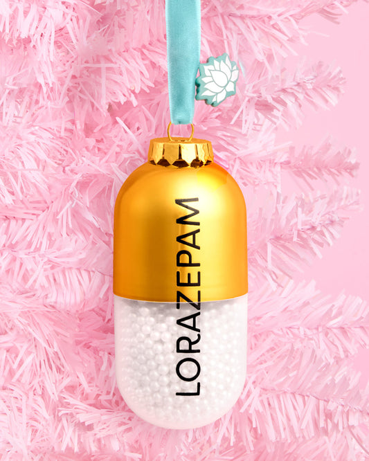 Lorazepam Ornament - gold and clear ornament