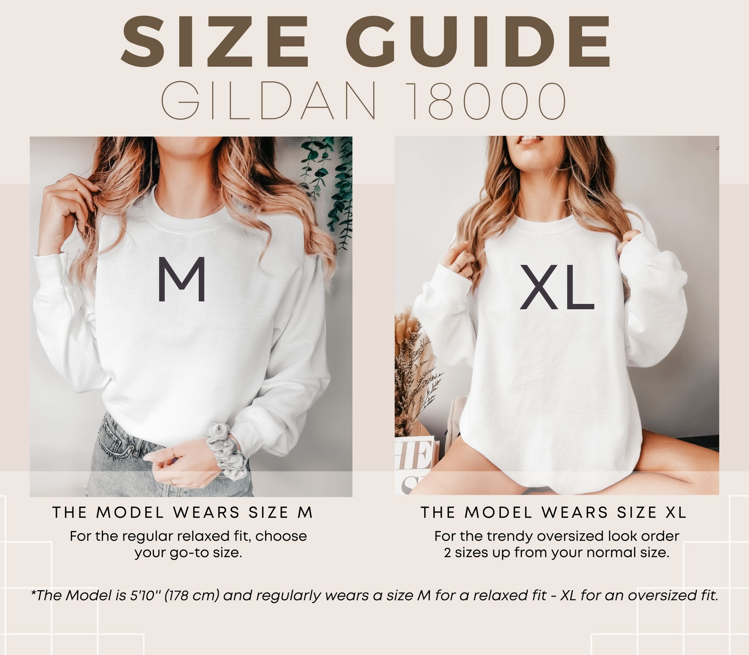 a woman wearing a white sweatshirt with the words size guide and the model wears a